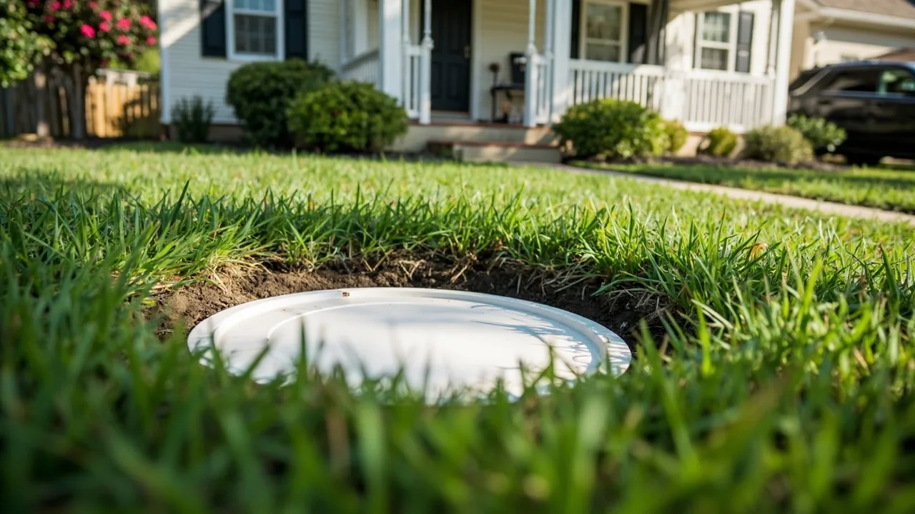 Representative septic access lid in a residential yard
